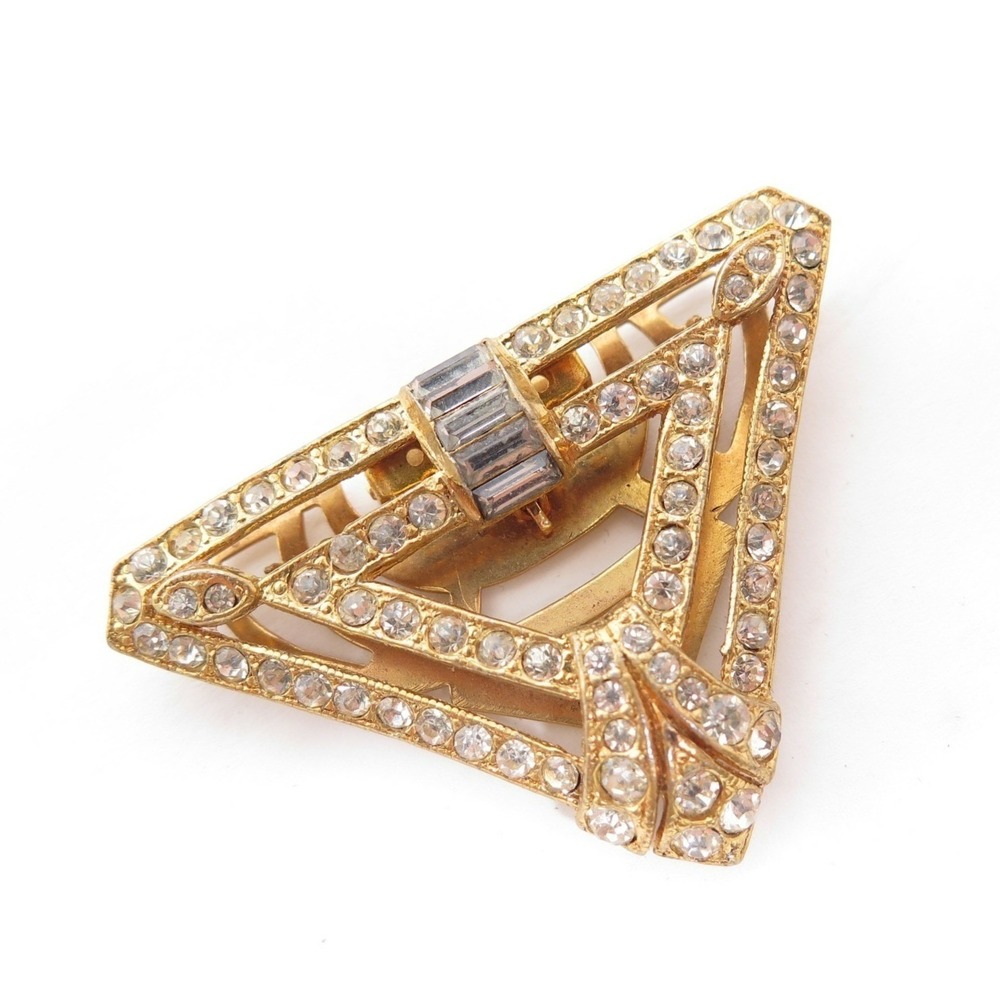 Vintage 2" ART DECO Clear Rhinestone Patented V-Shape Gold Dress Clip Buckle